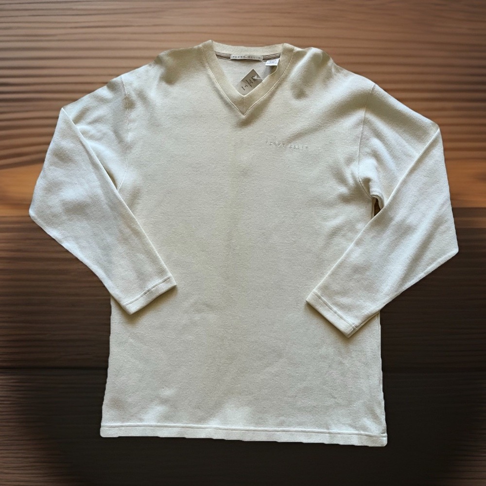 Perry Ellis Mens Classic Solid V-Neck Sweater Ivory Natural XL ME3033 NWT